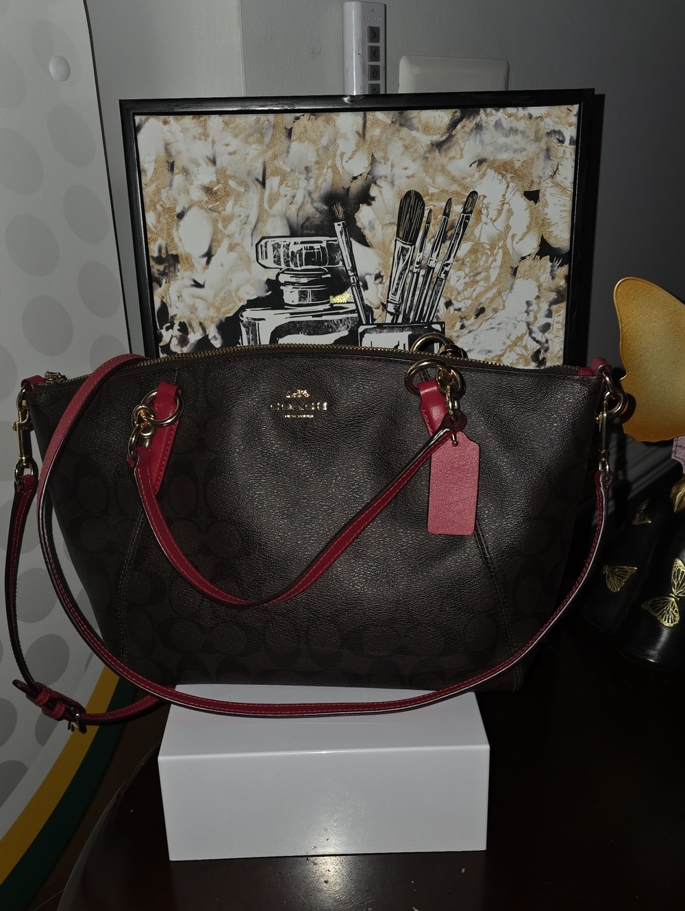 Coach Small Kelsey Satchel in Signature Canvas & Red Trim